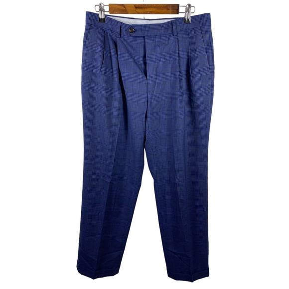 Ralph Lauren Dress Pants Size 33x30 Mens Ultra Flex Machine Washable Blue Plaid - Picture 1 of 6